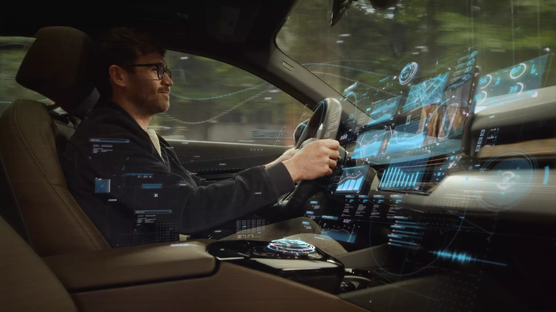 Interior A View From The Passenger S Seat Of A Man Driving A Bmw While Light Blue Graphics Emenate From H