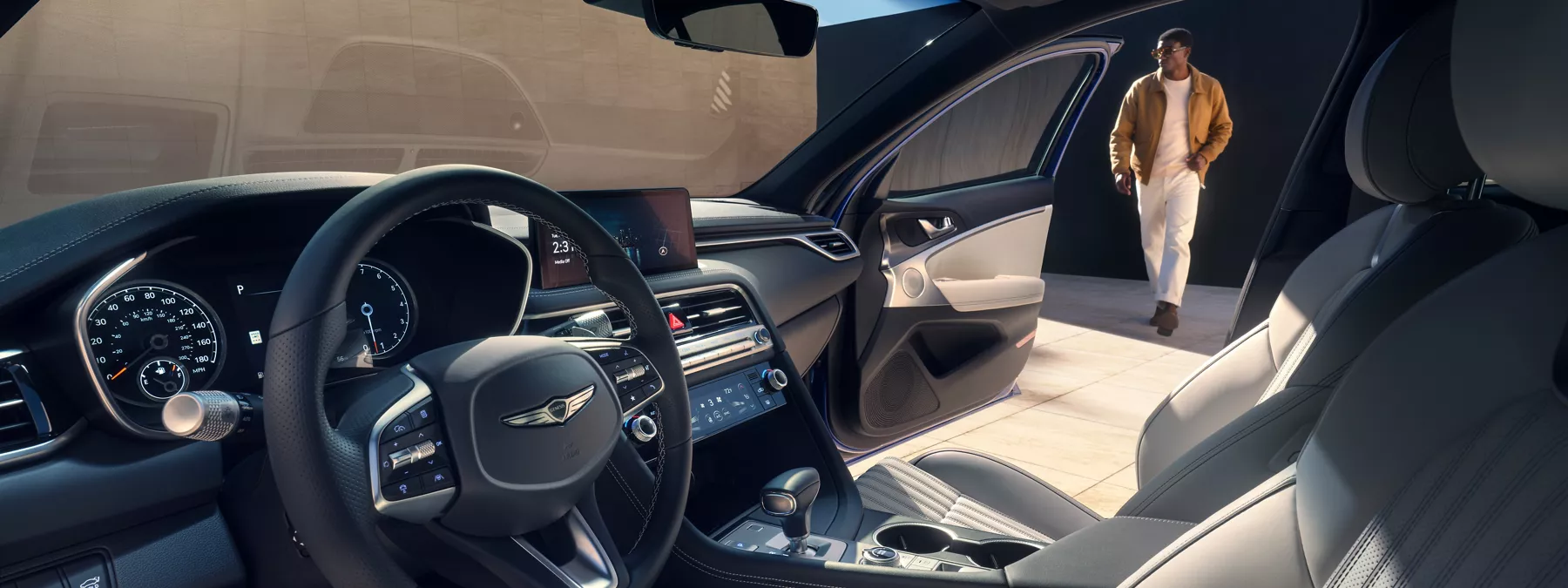 Interior Man Walking Toward Open Passenger Door Seen From Driver Seat Of